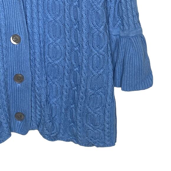 J Jill Womens Size Medium Blue Cableknit Cardigan Sweater Cotton Ruffle Sleeve - Picture 5 of 10